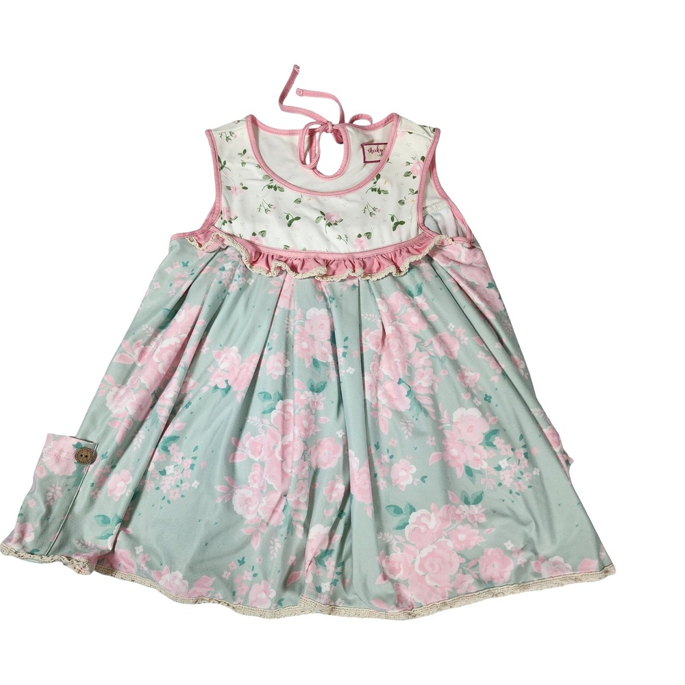 Cheeky Plum Girls Floral Ruffle Pocket Dress Sage Green Pink Size 7Y Boho